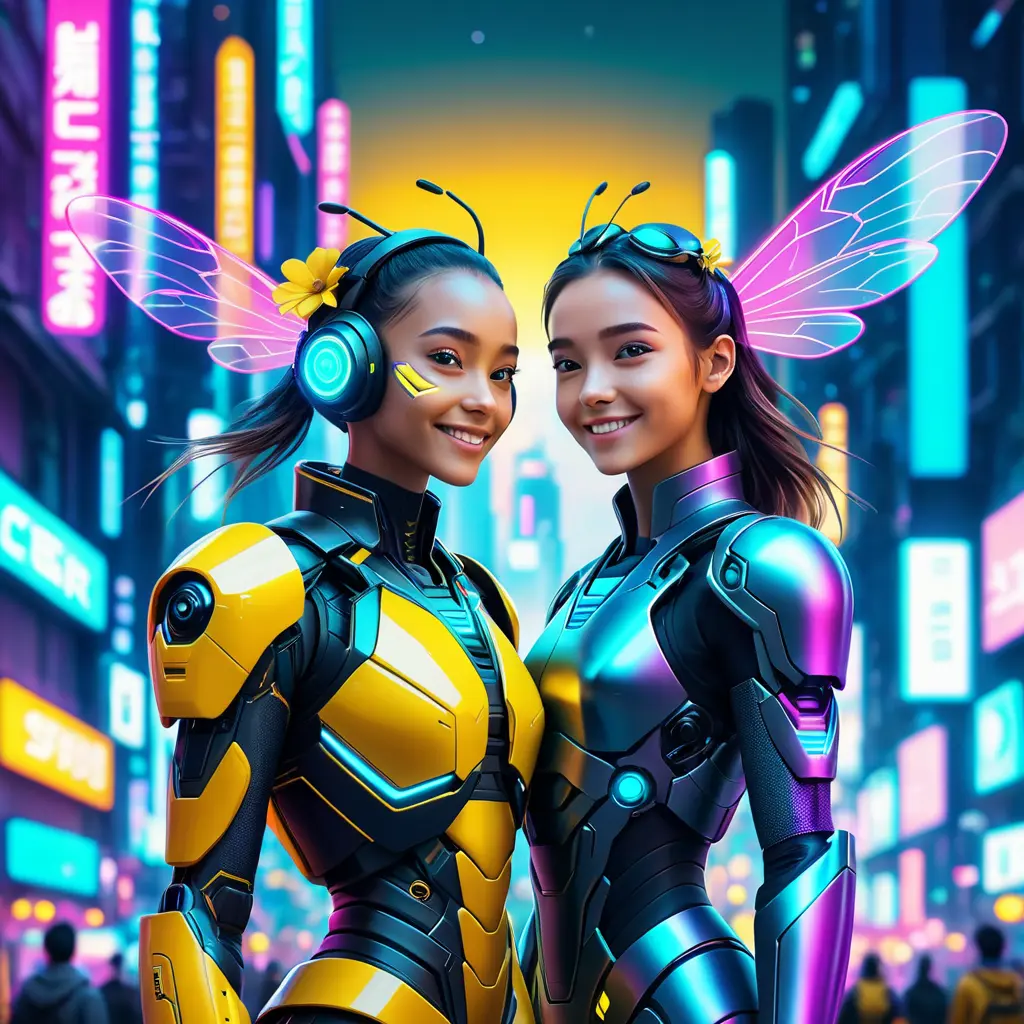 A Cyberpunk half bee and half Human girl with vizor, Cybernatic and Sci-Fi, Cityscape, Bloom light effect, Colorful, Ecstatic, Exciting, Joyful