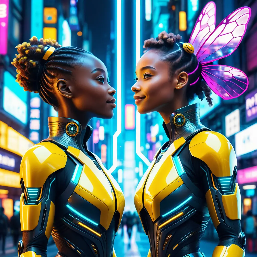 A Cyberpunk half bee and half Human girl with vizor, Afrofuturism, Cybernatic and Sci-Fi, Cityscape, Bloom light effect, Colorful, Ecstatic, Exciting, Joyful