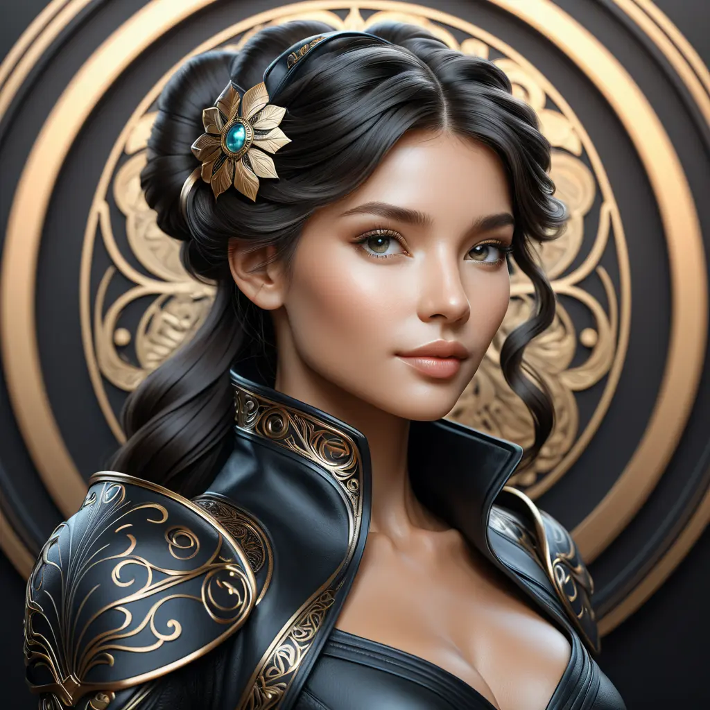 Alluring matte portrait of a beautiful A2 in black leather, 8k, Highly Detailed, Intricate, Half Body, Realistic, Sharp Focus, Volumetric Lighting, Fantasy, Elegant by Stanley Artgerm Lau, Alphonse Mucha, WLOP, Stefan Kostic