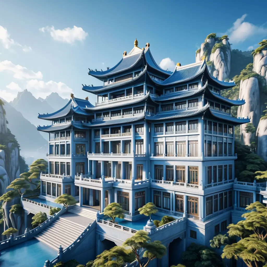 A gorgeous Chinese - style high - rise villa stands in the valley, luxurious majestic silver - grey blue antique palace, 8k, HD, High Definition, Trending on Artstation, Soft Lighting