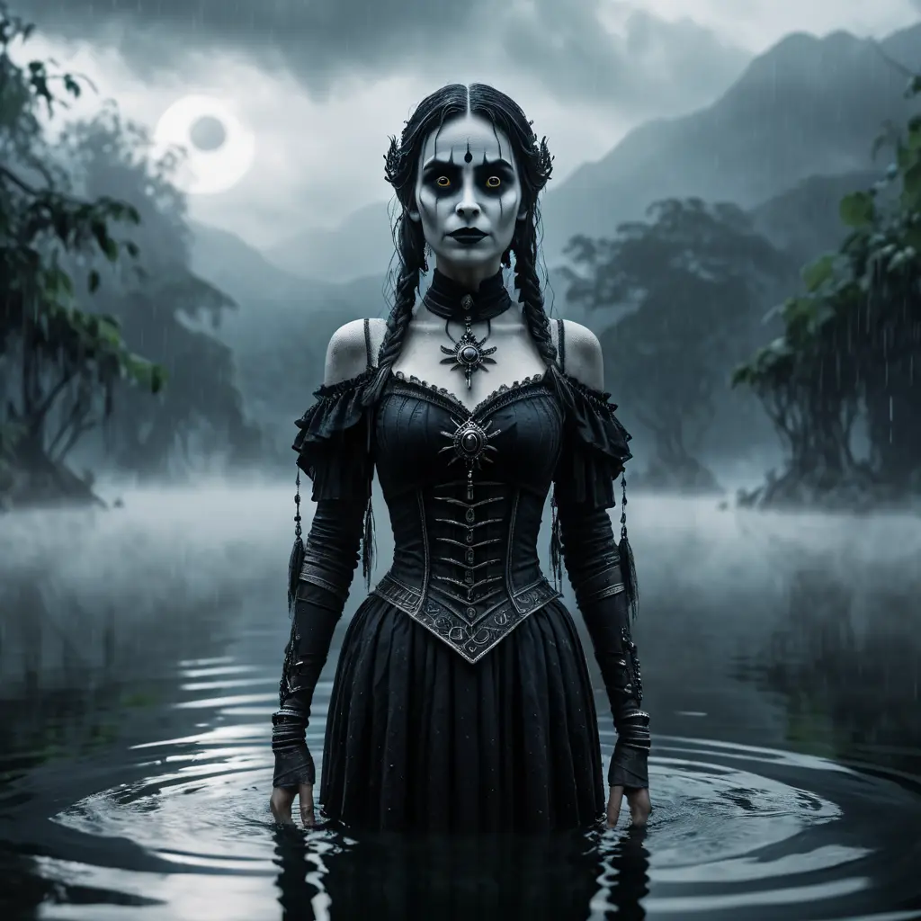 The frightening La Yorona with black eyes on her shoulder stands in a dark lake. Mist. Rain., 8k, HD, Gothic and Fantasy, Trending on Artstation, Sci-Fi, Soft Lighting