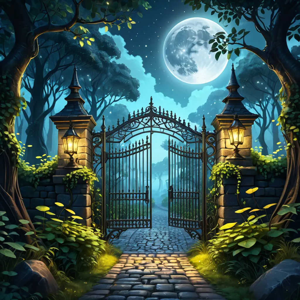 A beautiful digital illustration painting of a detailed gothic fantasy fireflies forest trees and iron gate cobblestone pathway vines full moon, 8k, Artstation, Digital Illustration, Concept Art by Justin Gerard, James Gurney