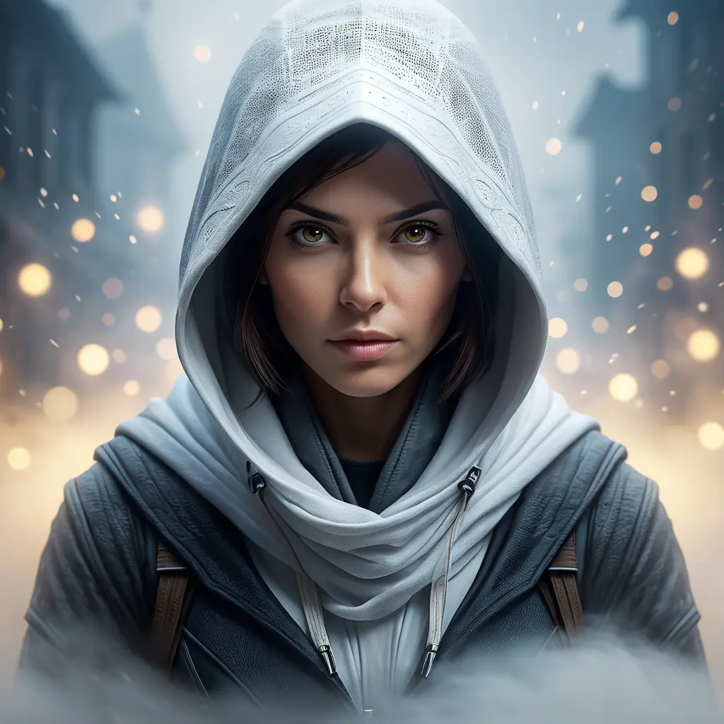 White hooded female assassin emerging from the fog of war, 8k, Bokeh effect, Volumetric Lighting, Vibrant Colors, Fantasy, Dark by Andy Fairhurst