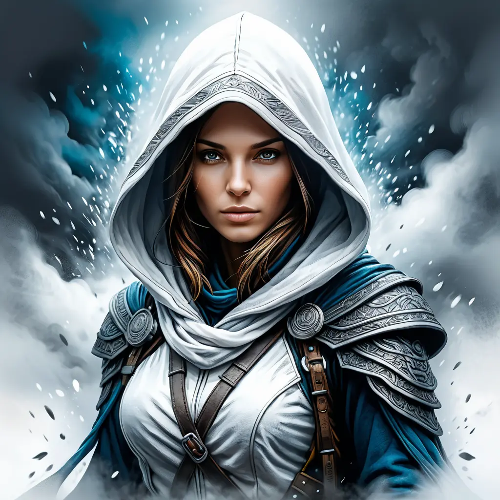 Female white hooded Assassin emerging from the fog of war, Highly Detailed, Vibrant Colors, Ink Art, Fantasy, Dark by Stefan Kostic