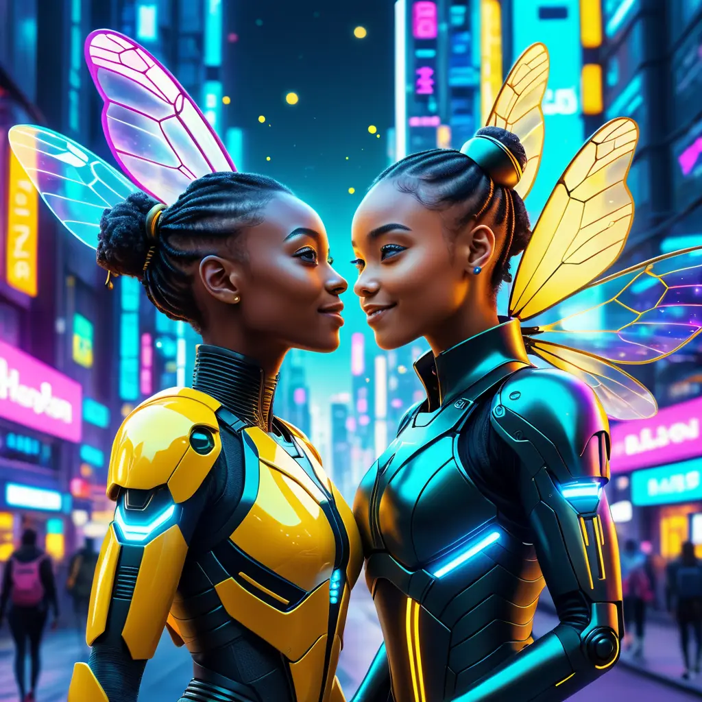 A Cyberpunk half bee and half Human girl with vizor, Afrofuturism, Cybernatic and Sci-Fi, Cityscape, Bloom light effect, Colorful, Ecstatic, Exciting, Joyful