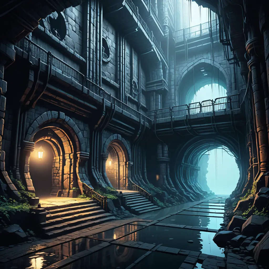 Hyper Detailed illustration of an eerie dystopian underground dungeon, 8k, Gothic and Fantasy, Horror, Epic, Sharp Focus, Deviantart by Alena Aenami