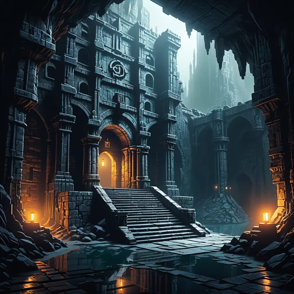 Hyper Detailed illustration of an eerie dystopian underground dungeon, 8k, Gothic and Fantasy, Horror, Epic, Sharp Focus, Deviantart by Alena Aenami