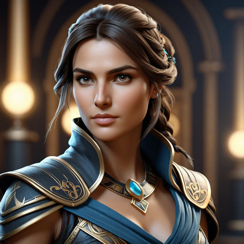 Alluring matte portrait of a beautiful Kassandra from Assassin's Creed in black leather, 8k, Highly Detailed, Intricate, Half Body, Realistic, Sharp Focus, Volumetric Lighting, Fantasy, Elegant by Stanley Artgerm Lau, Alphonse Mucha, WLOP, Stefan Kostic