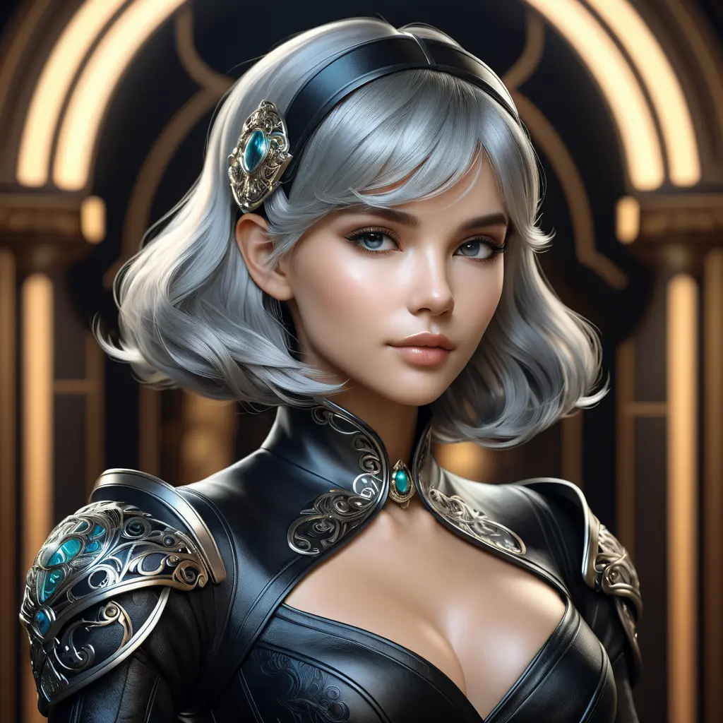 Alluring matte portrait of a beautiful 2B in black leather, 8k, Highly Detailed, Intricate, Half Body, Realistic, Sharp Focus, Volumetric Lighting, Fantasy, Elegant by Stanley Artgerm Lau, Alphonse Mucha, WLOP, Stefan Kostic