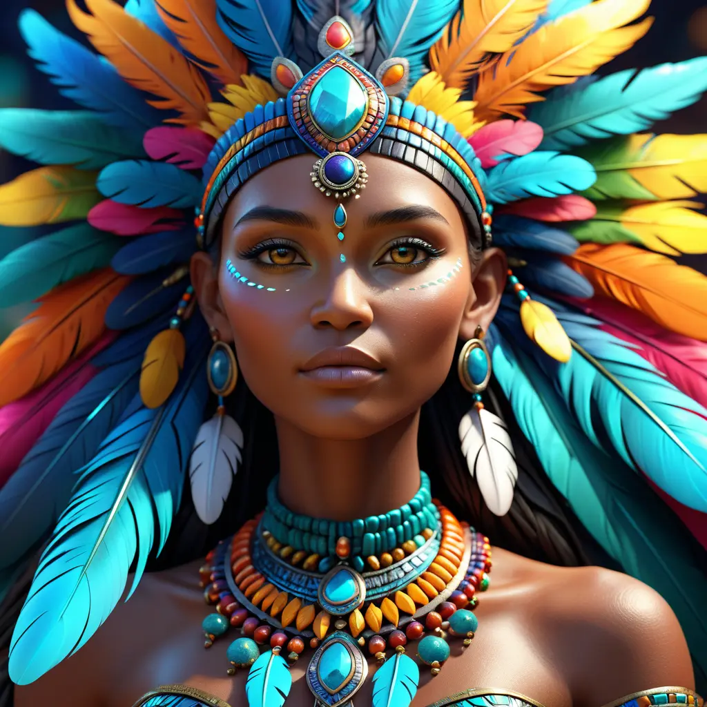 Closeup of a mystical tribal goddess surrounded by vibrant feathers and gemstones, 8k, Highly Detailed, Intricate, Artstation, Matte Painting, Sharp Focus, Volumetric Lighting, Concept Art by Stanley Artgerm Lau, Greg Rutkowski