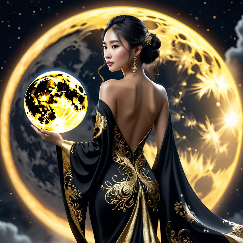 Full body back of an Asian goddess in a black and gold backless dress holding a fan in one hand. A fantastically large moon background, detailed gorgeous face, natural skin, fire and ice, splatter, black ink, liquid melting, dreamy, glowing, glamour, glimmer, shadows, ominous, golden ratio, production cinematic character render, ultra high quality model, 8k, Highly Detailed, Intricate, Masterpiece, Oil on Canvas, Sharp Focus, Smooth, Unreal Engine, Glamour Shot, Vibrant Colors, Ominous