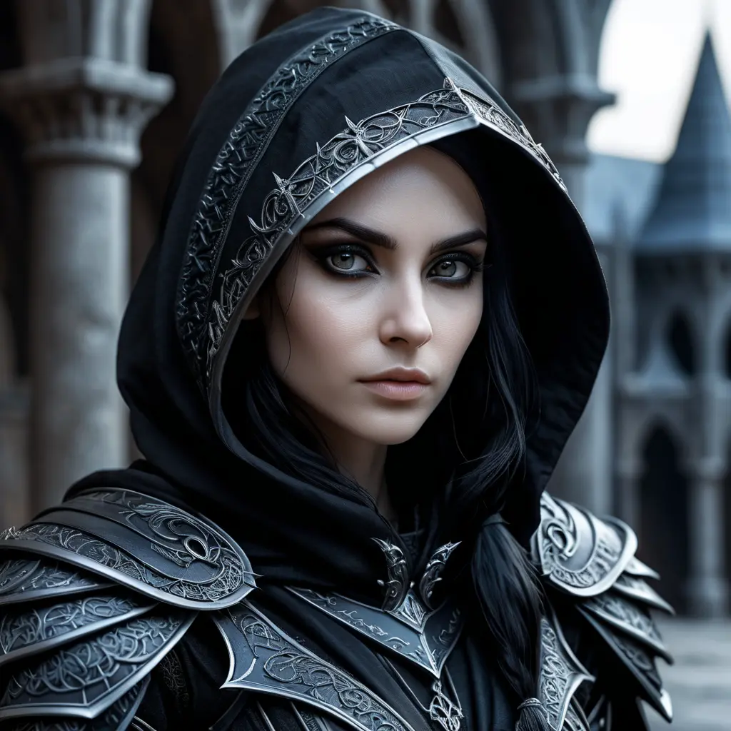 Intricate portrait of a horrifying pale assassin dusk elf, black hair, black eyes, fully covering black hooded armor, ravens, 8k, Gothic and Fantasy, Beautiful, Sci-Fi, Photo Realistic