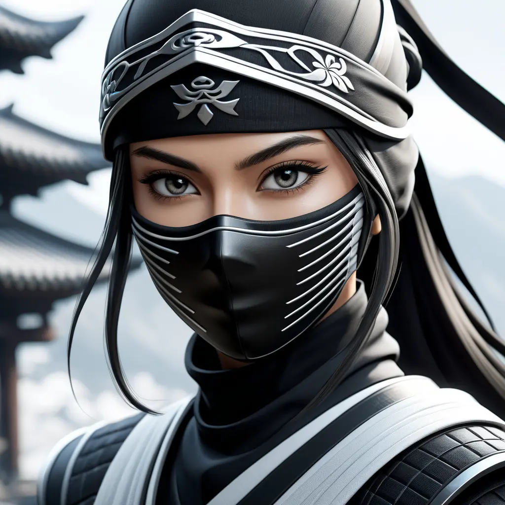 Black & White closeup of a beautiful female ninja, 8k, Highly Detailed, Artstation, Beautiful, Digital Illustration, Sharp Focus, Unreal Engine, Concept Art by Stanley Artgerm Lau