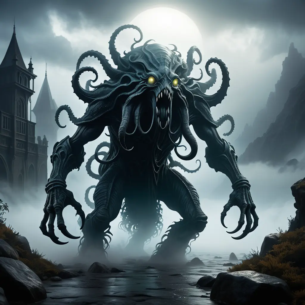 Creature eldritch horror, dark obscured by fog, 8k, Gothic and Fantasy, Elden Ring, Photo Realistic, Dynamic Lighting by Greg Rutkowski