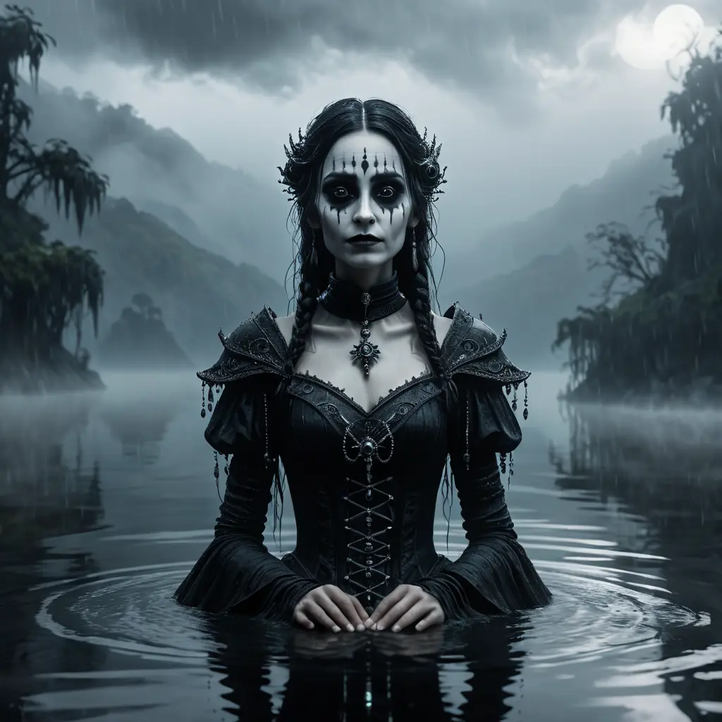 The frightening La Yorona with black eyes on her shoulder stands in a dark lake. Mist. Rain., 8k, HD, Gothic and Fantasy, Trending on Artstation, Sci-Fi, Soft Lighting