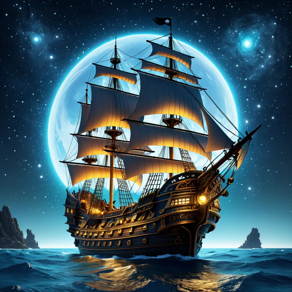 Pirate Ship, Intricate, Ultra Detailed, Symmetry, Beautiful, Sharp Focus, Astrophotography, Centered, Volumetric Lighting by Dan Mumford, Marc Simonetti