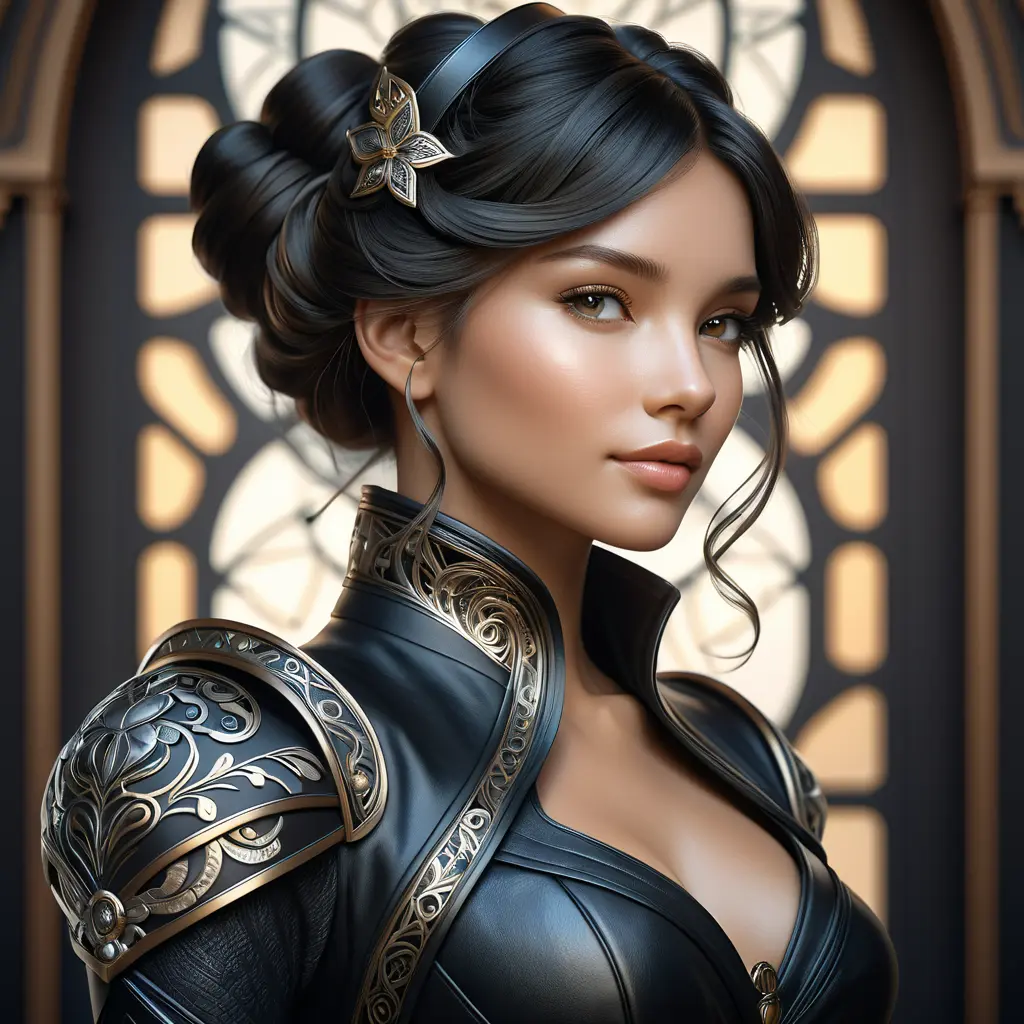 Alluring matte portrait of a beautiful A2 in black leather, 8k, Highly Detailed, Intricate, Half Body, Realistic, Sharp Focus, Volumetric Lighting, Fantasy, Elegant by Stanley Artgerm Lau, Alphonse Mucha, WLOP, Stefan Kostic