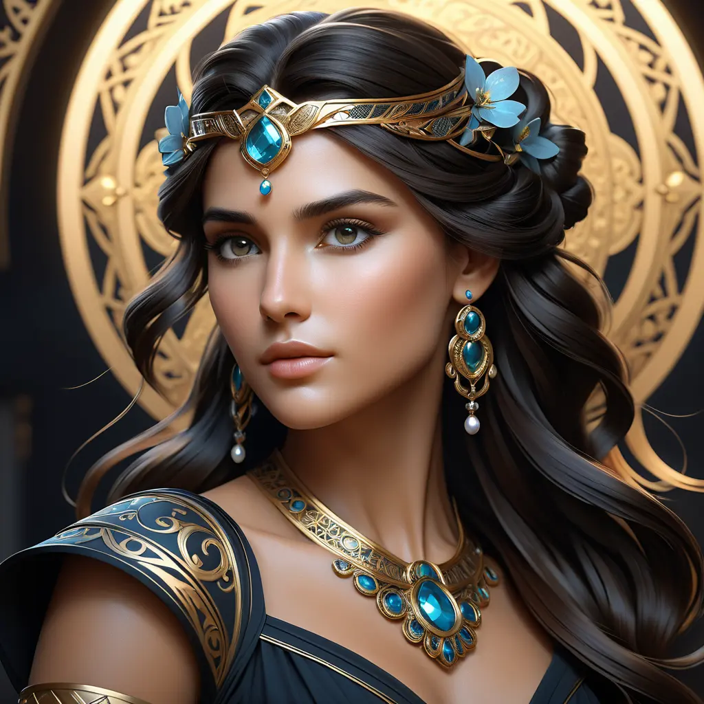 Alluring matte portrait of a beautiful Kassandra in black, 8k, Highly Detailed, Intricate, Half Body, Realistic, Sharp Focus, Volumetric Lighting, Fantasy, Elegant by Stanley Artgerm Lau, Alphonse Mucha, WLOP, Stefan Kostic