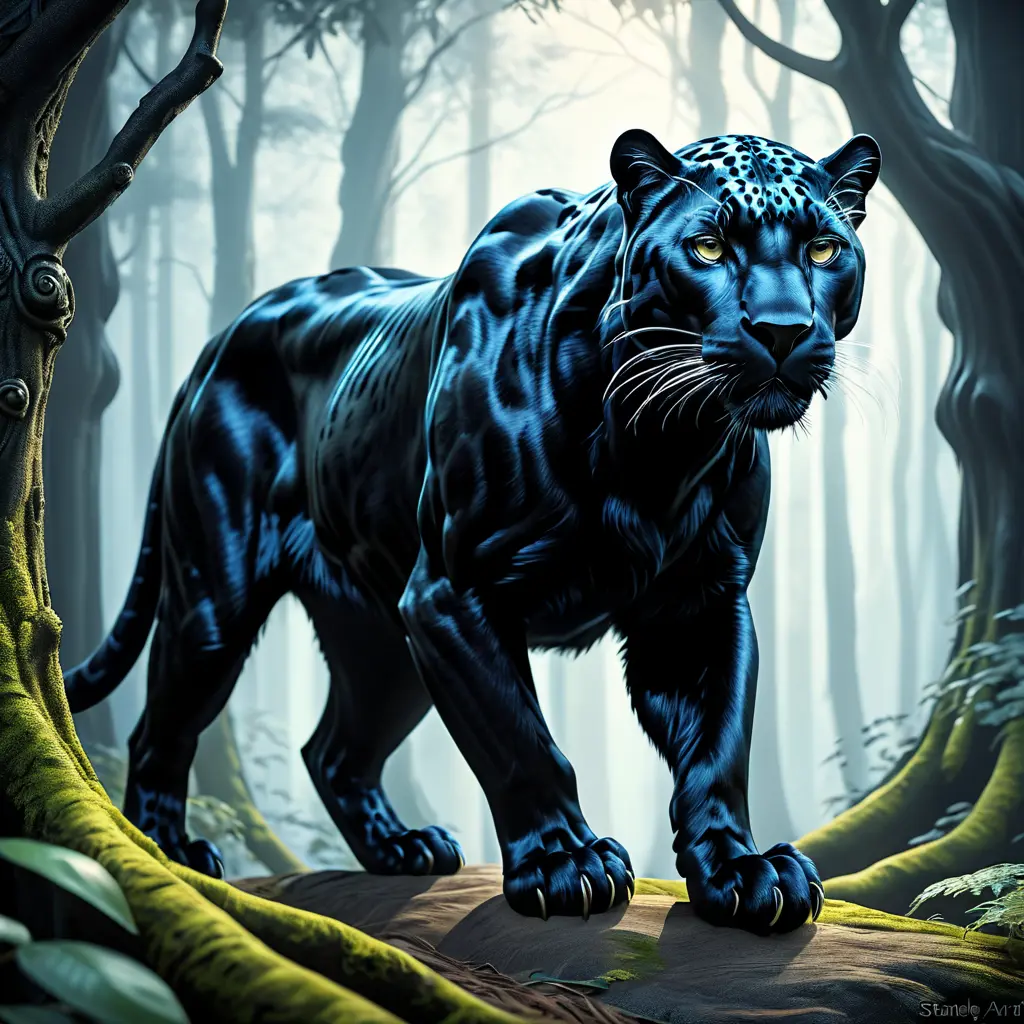 Panther in a haunted forest, Highly Detailed, Intricate, Gothic, Volumetric Lighting, Fantasy, Dark by Stanley Artgerm Lau