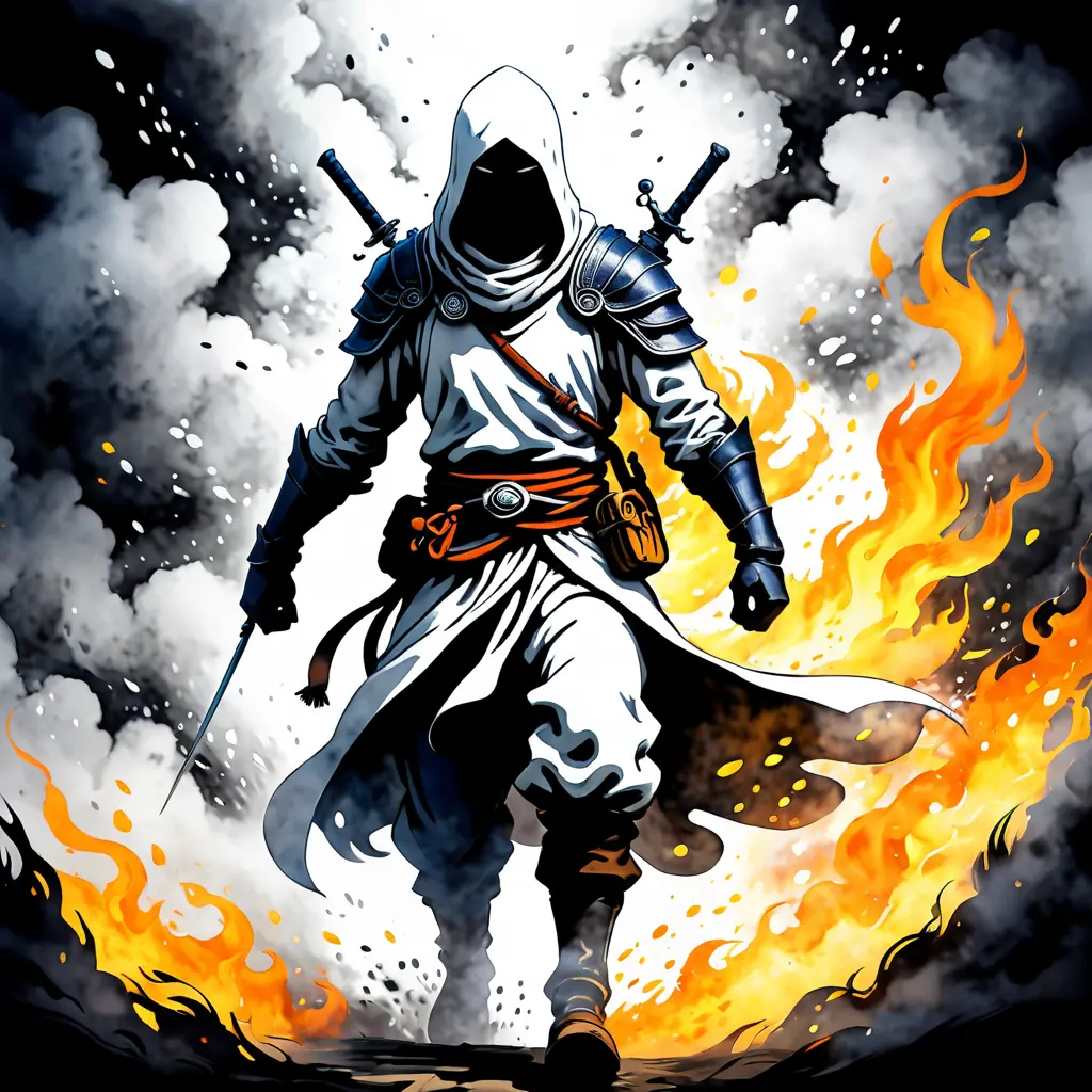 White Assassin emerging from a firey fog of battle, ink splash, Highly Detailed, Vibrant Colors, Ink Art, Fantasy, Dark by Studio Ghibli