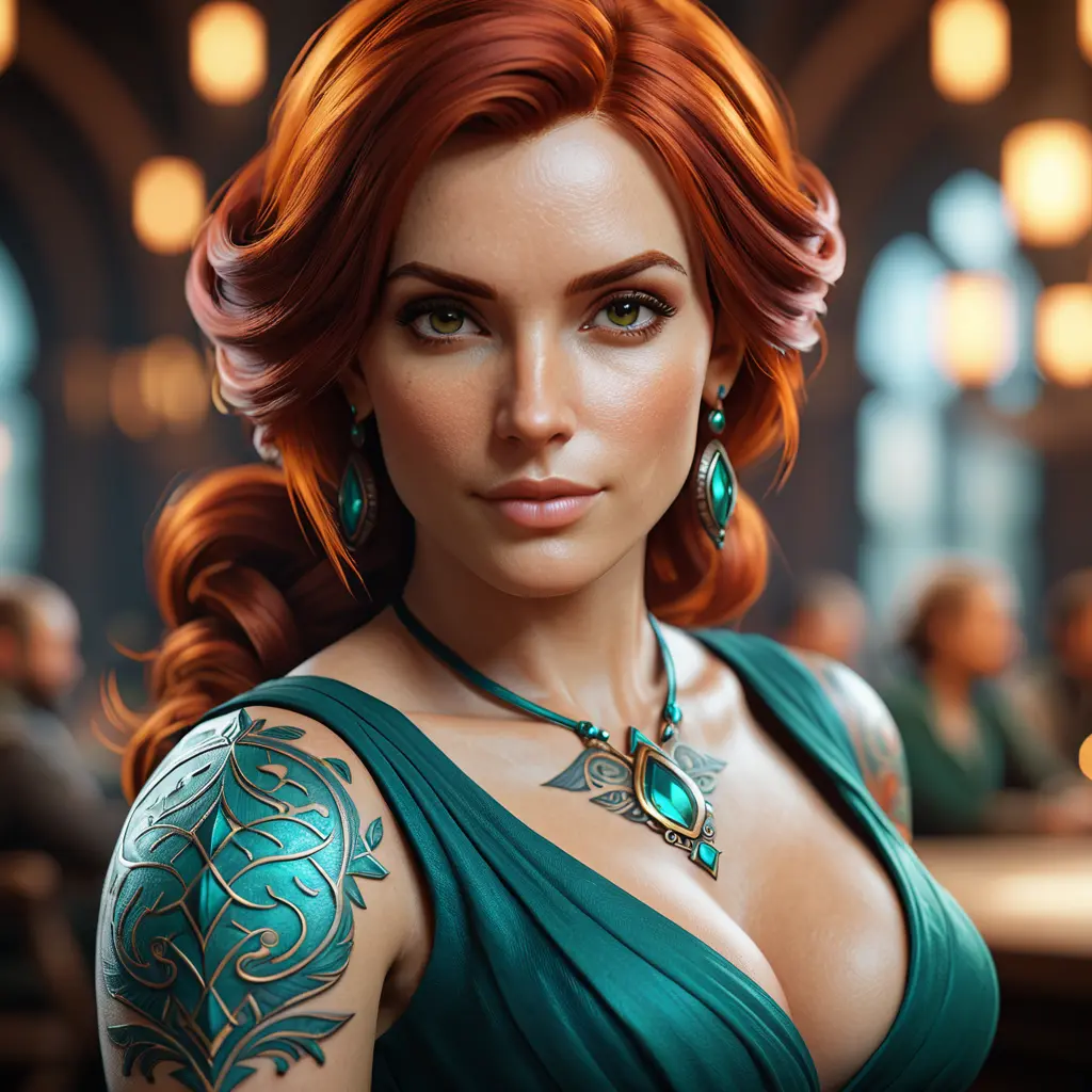 Matte portrait of Triss Merigold with tattoos, 8k, Highly Detailed, Alluring, Artstation, Bokeh effect, Sharp Focus, Volumetric Lighting, Concept Art by Stanley Artgerm Lau, Greg Rutkowski