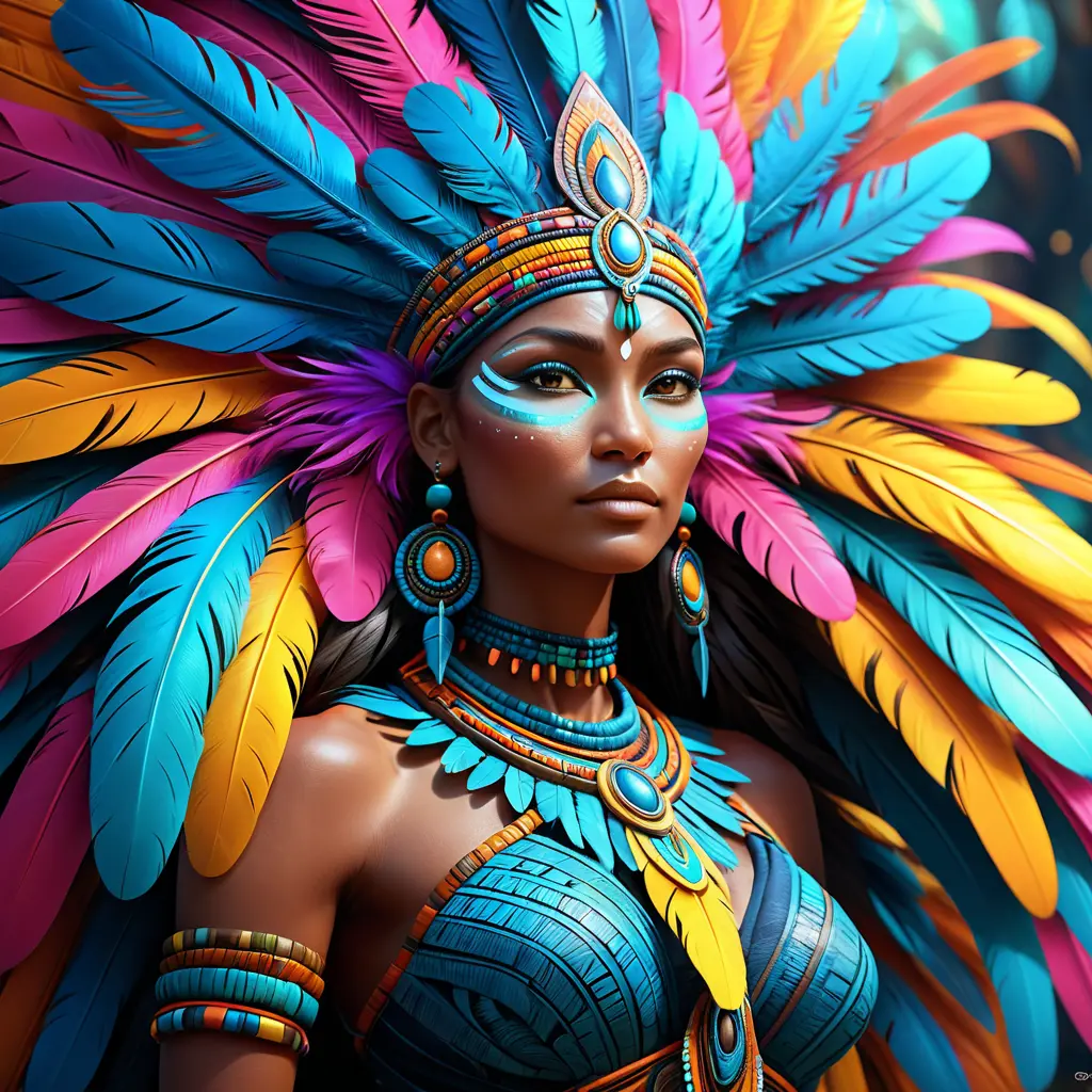 Visionary painting of a mystical tribal goddess surrounded by vibrant feathers, 8k, Highly Detailed, Intricate, Artstation, Matte Painting, Sharp Focus, Volumetric Lighting, Concept Art by Stanley Artgerm Lau, Greg Rutkowski