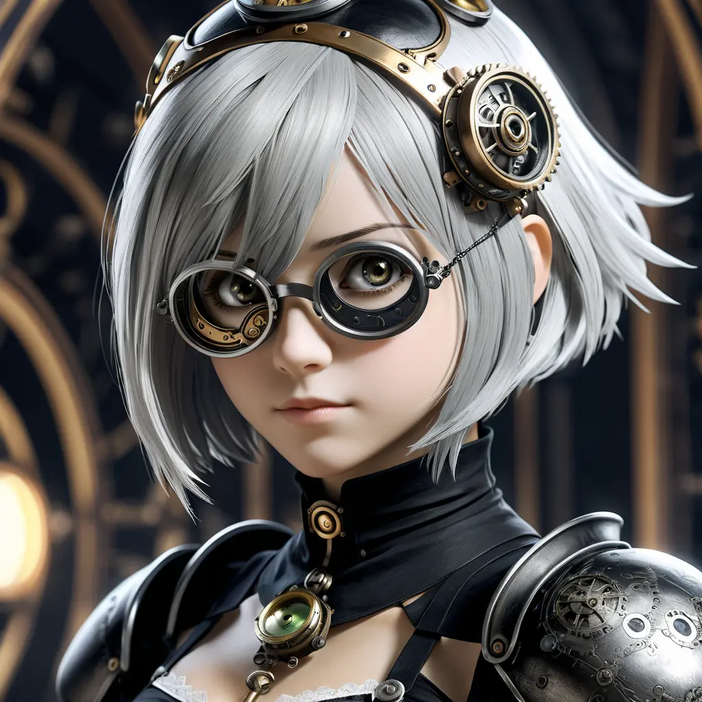 Steampunk portrait of 2B from Nier Automata, Highly Detailed, Intricate, Artstation, Beautiful, Digital Painting, Sharp Focus, Concept Art, Elegant