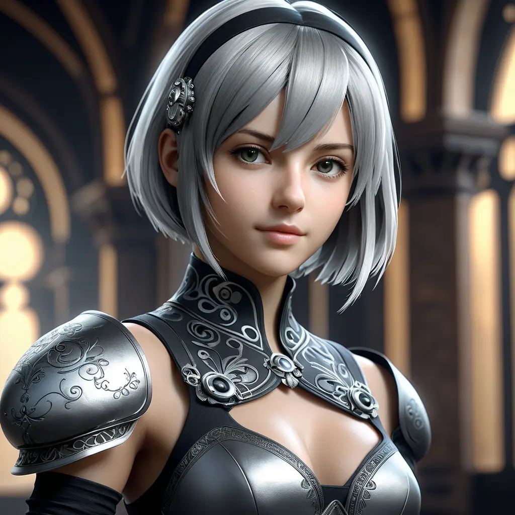 Alluring matte portrait of a beautiful A2 from Nier Automata in the style of Stefan Kostic, 8k, Highly Detailed, Intricate, Half Body, Realistic, Sharp Focus, Volumetric Lighting, Fantasy, Elegant by Stanley Artgerm Lau, Greg Rutkowski