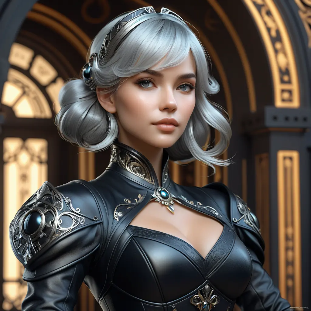 Alluring matte portrait of a beautiful 2B in black leather, 8k, Highly Detailed, Intricate, Half Body, Realistic, Sharp Focus, Volumetric Lighting, Fantasy, Elegant by Stanley Artgerm Lau, Alphonse Mucha, WLOP, Stefan Kostic