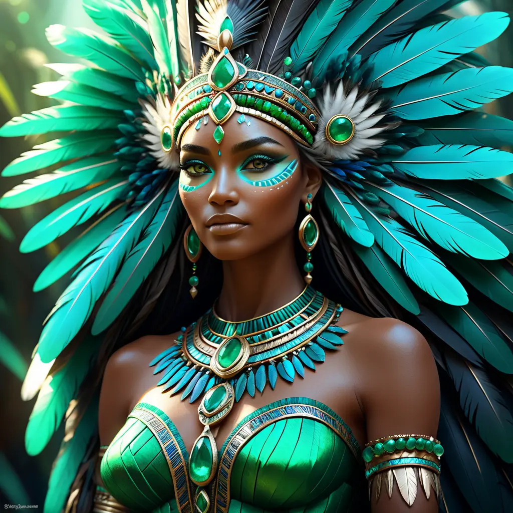 Visionary painting of an alluring mystical tribal goddess surrounded by feathers and emerald gemstones, 8k, Highly Detailed, Intricate, Artstation, Matte Painting, Sharp Focus, Volumetric Lighting, Concept Art by Stanley Artgerm Lau, Greg Rutkowski