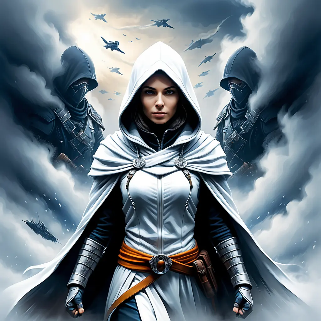 White hooded female assassin emerging from the fog of war, Highly Detailed, Vibrant Colors, Ink Art, Fantasy, Dark by Andy Fairhurst