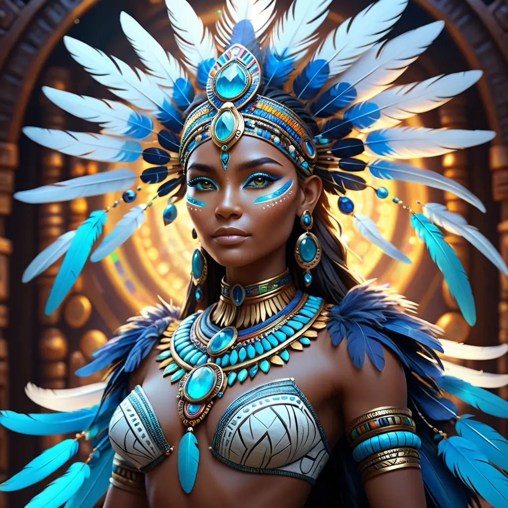 A visionary painting of a single alluring electronic mystical tribal goddess surrounded by feathers and gemstones, 8k, Highly Detailed, Intricate, Artstation, Matte Painting, Sharp Focus, Volumetric Lighting, Concept Art by Stanley Artgerm Lau, Greg Rutkowski