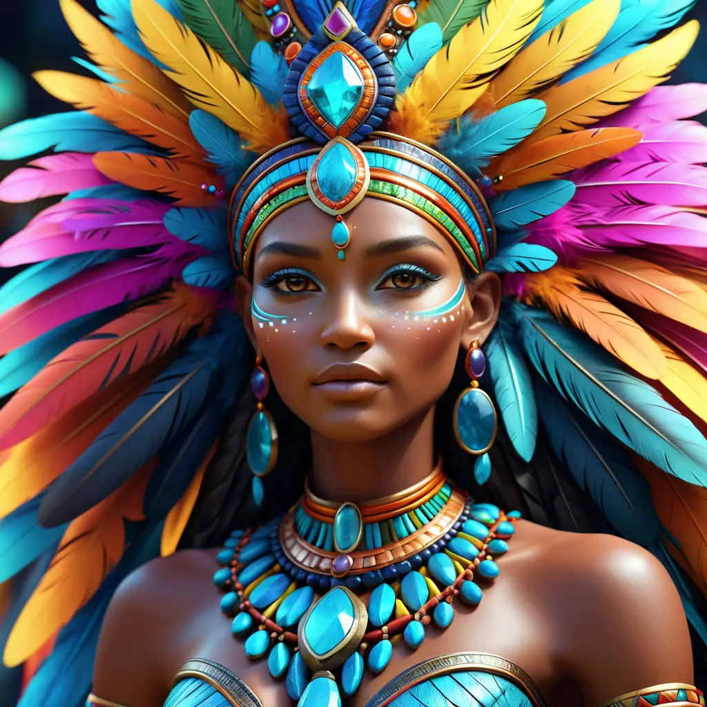 Closeup of a mystical tribal goddess surrounded by vibrant feathers and gemstones, 8k, Highly Detailed, Intricate, Artstation, Matte Painting, Sharp Focus, Volumetric Lighting, Concept Art by Stanley Artgerm Lau, Greg Rutkowski