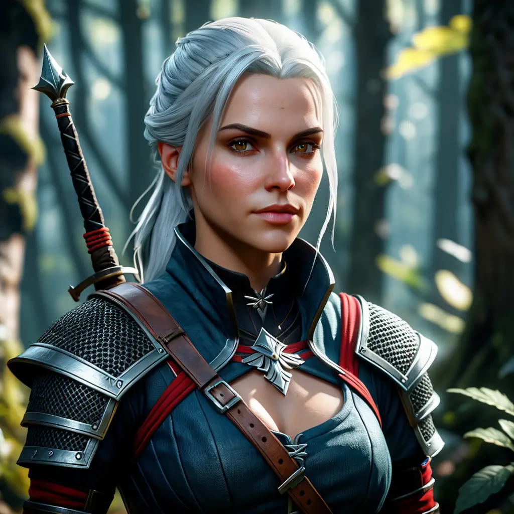 Portrait of an alluring witcher 3 female rouge assassin in an epic forest, 4k, Highly Detailed, Beautiful, Cinematic Lighting, Sharp Focus, Volumetric Lighting, Closeup Portrait, Concept Art