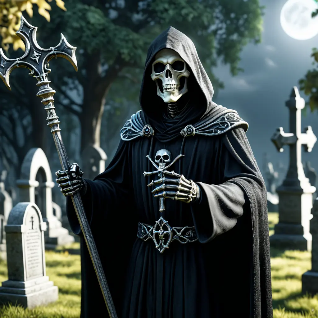 Portrait of the grim reaper in a graveyard, 8k, Gothic and Fantasy, Elden Ring, Photo Realistic, Dynamic Lighting by Greg Rutkowski