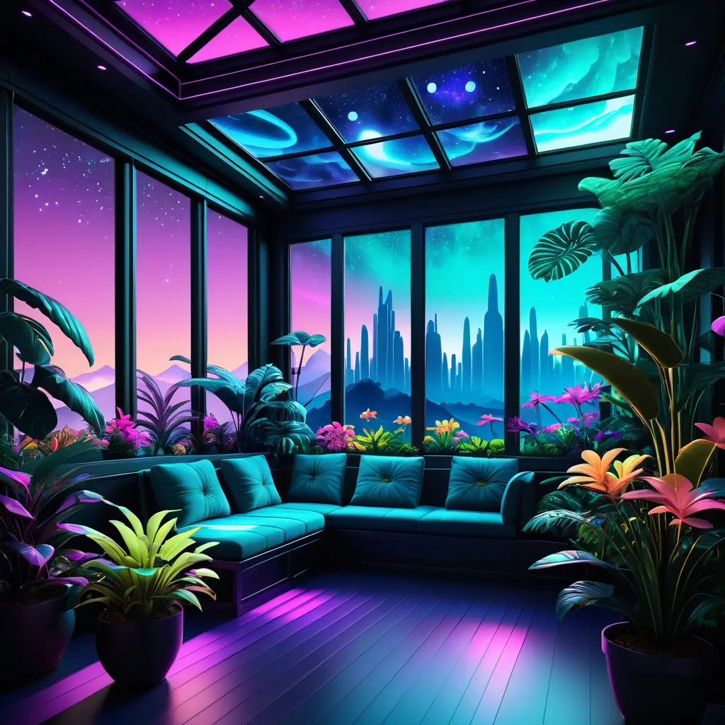 A beautiful render of city sunroom by georgia o'keeffe, galactic alien synthwave rainforest noir thermal imaging myst uv light, flowers, Highly Detailed, Digital Painting, Cinematic Lighting, Neon, Concept Art