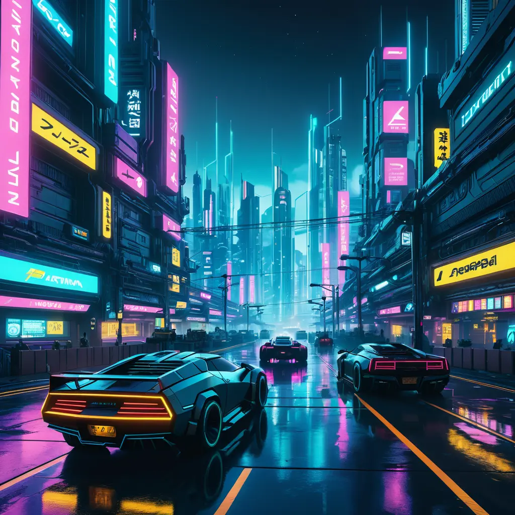 Dystopian Cyberpunk 2077 city at night, 8k, Hyper Detailed, Intricate Details, Trending on Artstation, Epic, Comic, Sharp Focus, Deviantart, Beautifully Lit by Alena Aenami