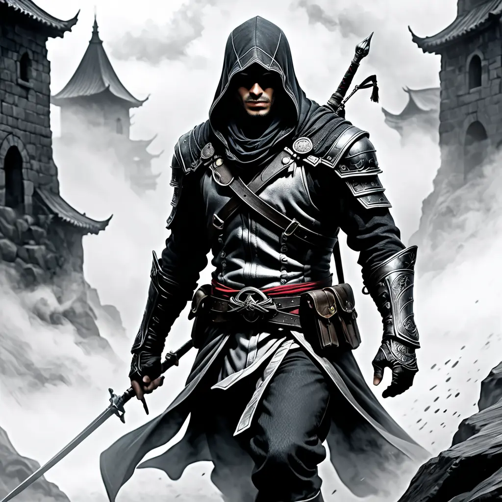 Assassin emerging from the fog of battle, Highly Detailed, Color Splash, Ink Art, Fantasy, Dark by Stanley Artgerm Lau