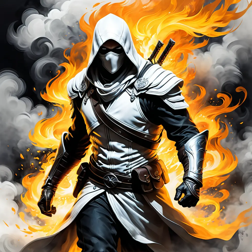 White Assassin emerging from a firey fog of battle, ink splash, Highly Detailed, Vibrant Colors, Ink Art, Fantasy, Dark by Stanley Artgerm Lau