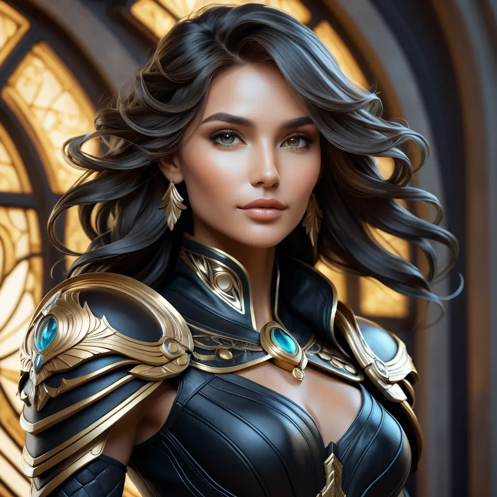 Alluring matte portrait of a beautiful Kayle in black leather, 8k, Highly Detailed, Intricate, Half Body, Realistic, Sharp Focus, Volumetric Lighting, Fantasy, Elegant by Stanley Artgerm Lau, Alphonse Mucha, WLOP, Stefan Kostic