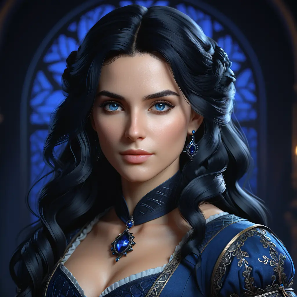 Matte portrait of a beautiful Yennefer in dark blue, 8k, Highly Detailed, Intricate, Realistic, Sharp Focus, Volumetric Lighting, Fantasy, Elegant by Stanley Artgerm Lau, WLOP, Stefan Kostic