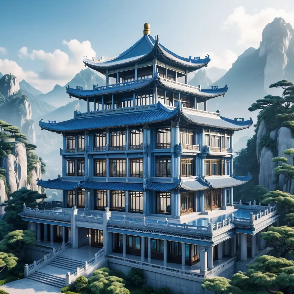 A gorgeous Chinese - style high - rise villa stands in the valley, luxurious majestic silver - grey blue antique palace, 8k, HD, High Definition, Trending on Artstation, Soft Lighting