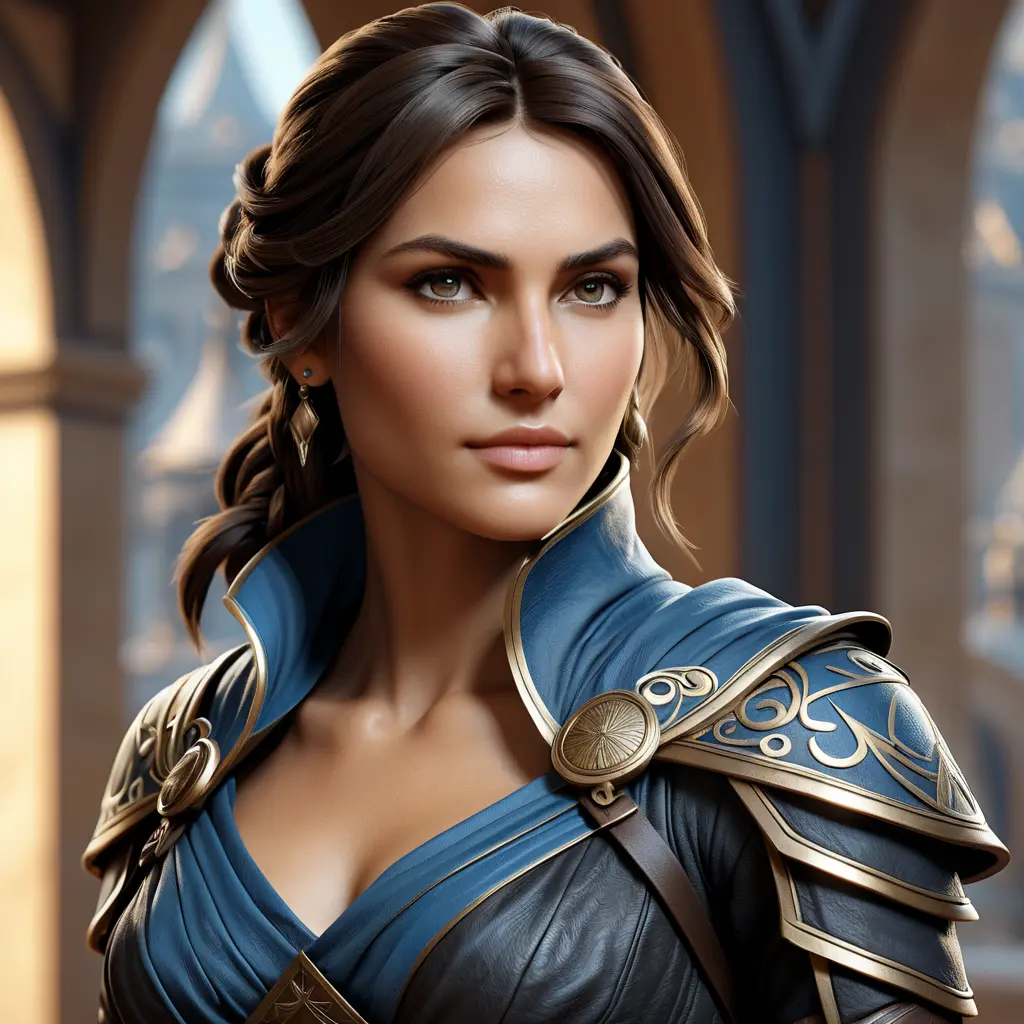 Alluring matte portrait of a beautiful Kassandra from Assassin's Creed in black leather, 8k, Highly Detailed, Intricate, Half Body, Realistic, Sharp Focus, Volumetric Lighting, Fantasy, Elegant by Stanley Artgerm Lau, Alphonse Mucha, WLOP, Stefan Kostic