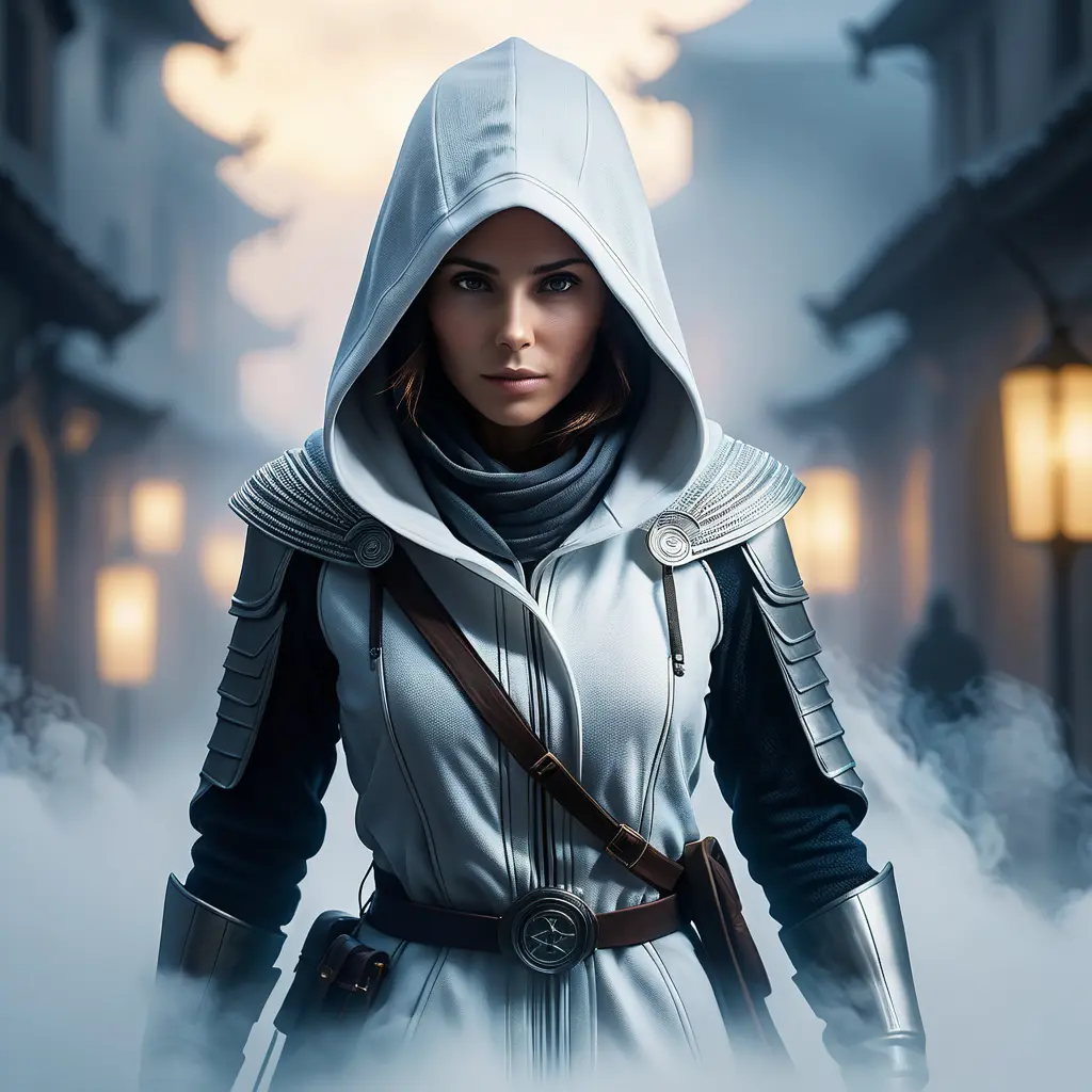 White hooded female assassin emerging from the fog of war, 8k, Bokeh effect, Volumetric Lighting, Vibrant Colors, Fantasy, Dark by Andy Fairhurst