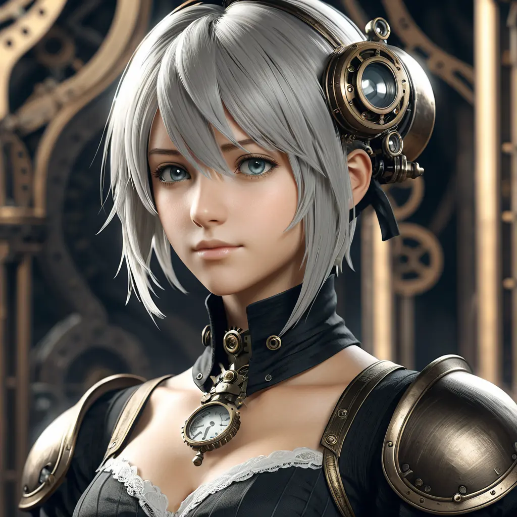 Steampunk portrait of A2 from Nier Automata, Highly Detailed, Intricate, Artstation, Beautiful, Digital Painting, Sharp Focus, Concept Art, Elegant