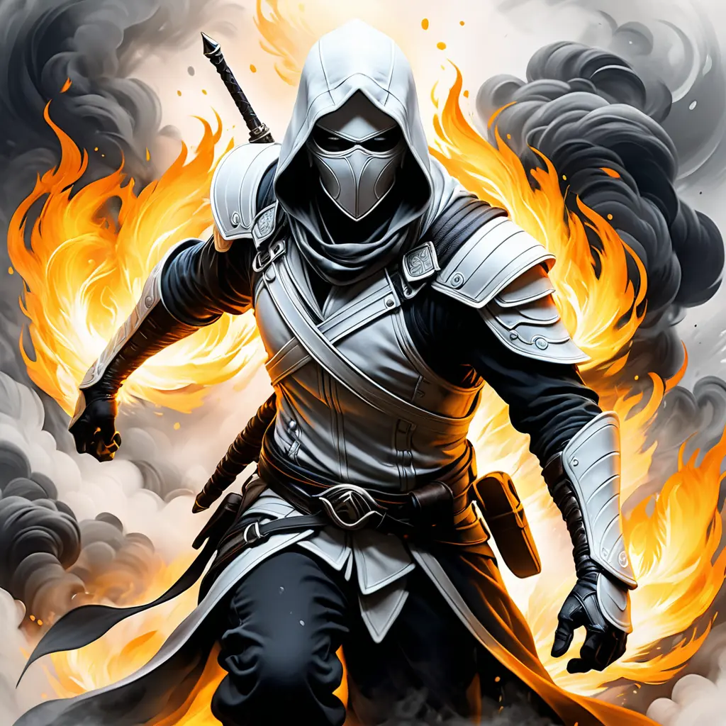 White Assassin emerging from a firey fog of battle, ink splash, Highly Detailed, Vibrant Colors, Ink Art, Fantasy, Dark by Stanley Artgerm Lau