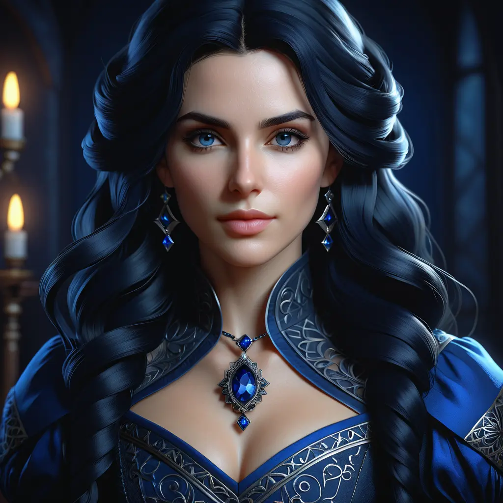 Matte portrait of a beautiful Yennefer in dark blue, 8k, Highly Detailed, Intricate, Realistic, Sharp Focus, Volumetric Lighting, Fantasy, Elegant by Stanley Artgerm Lau, WLOP, Stefan Kostic