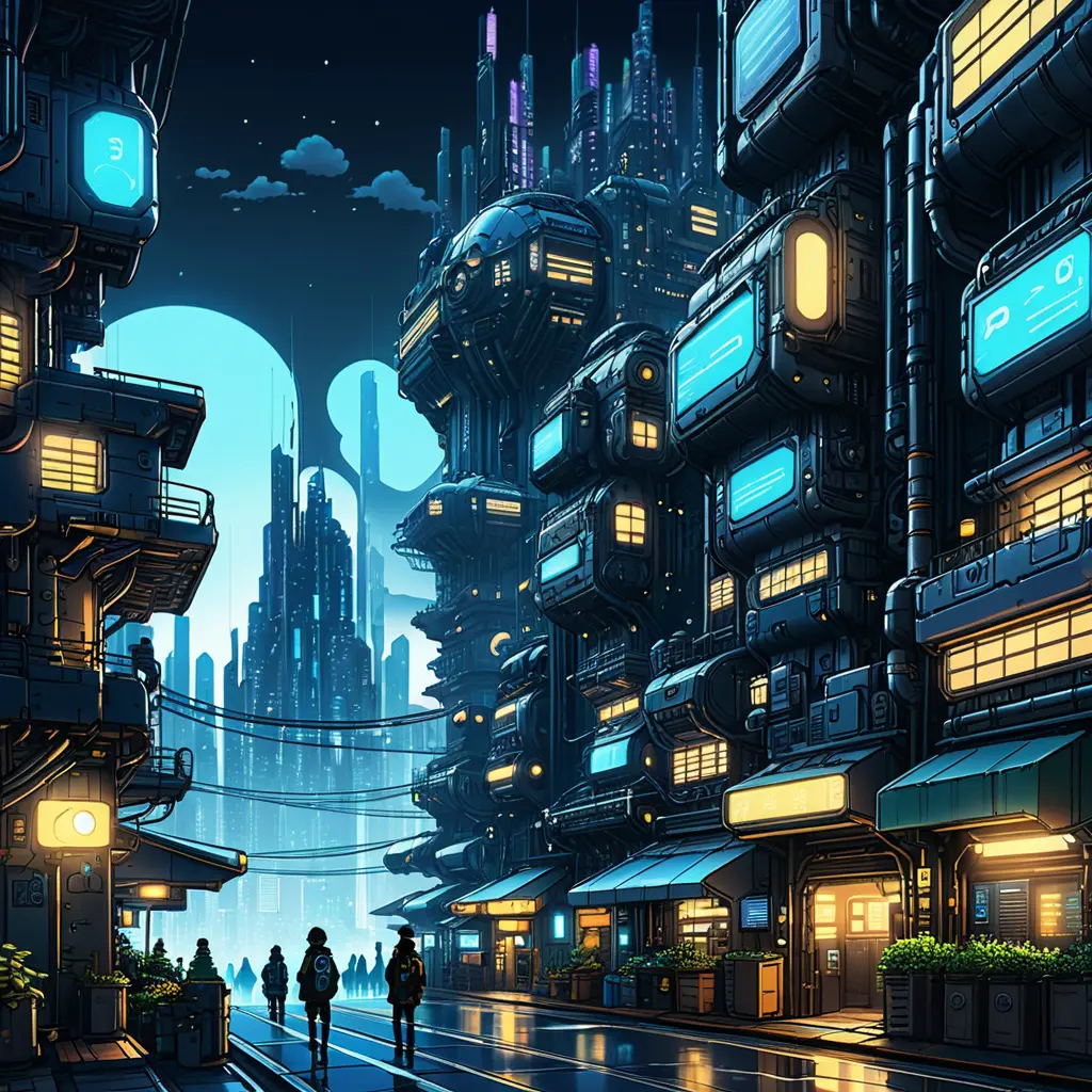 Detailed illustration of a cyberpunk Beneath a Steel Sky city at night, 8k, Intricate Details, Trending on Artstation, Epic, Comic, Sharp Focus, Deviantart, Beautifully Lit by Studio Ghibli