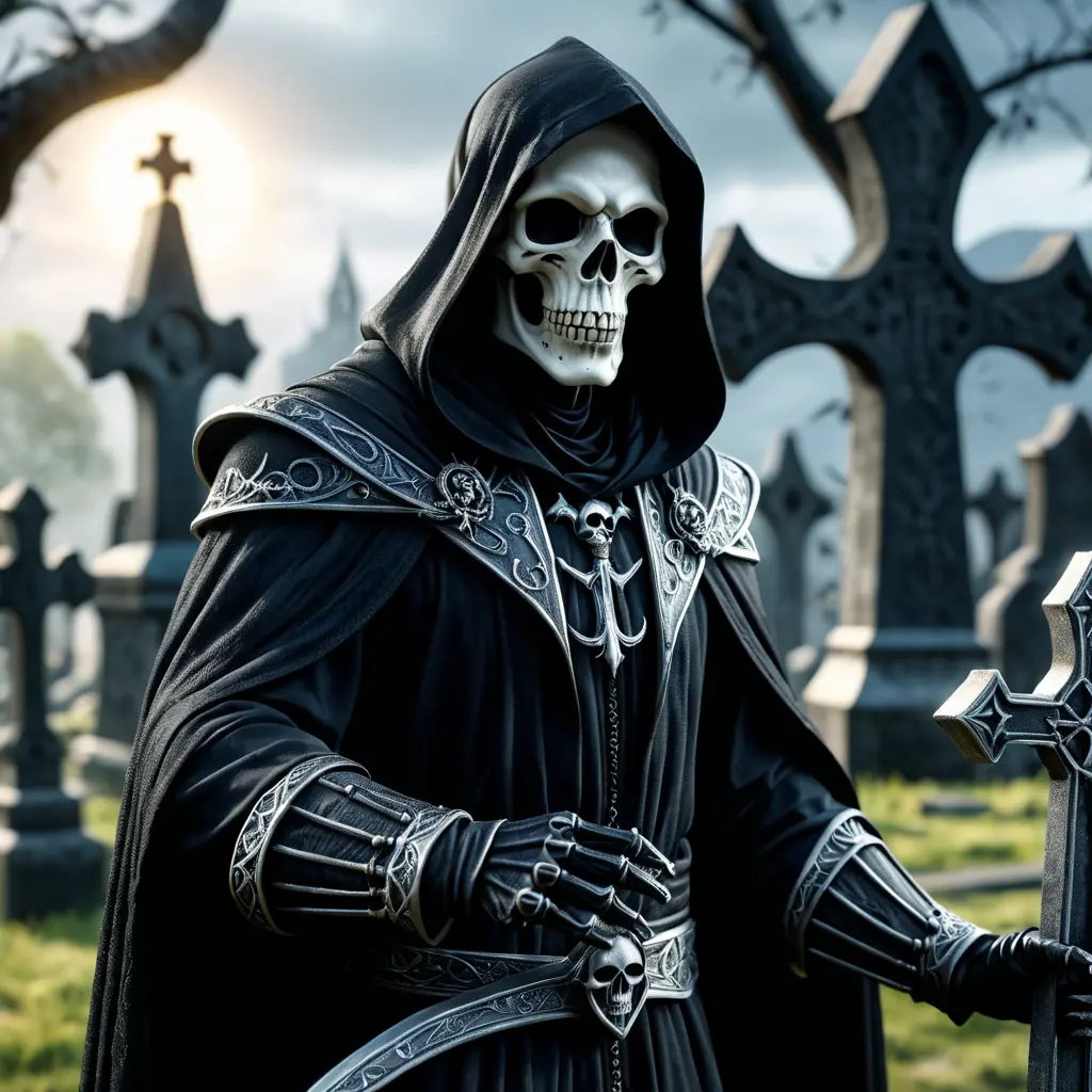 Portrait of the grim reaper in a graveyard, 8k, Gothic and Fantasy, Elden Ring, Photo Realistic, Dynamic Lighting by Greg Rutkowski