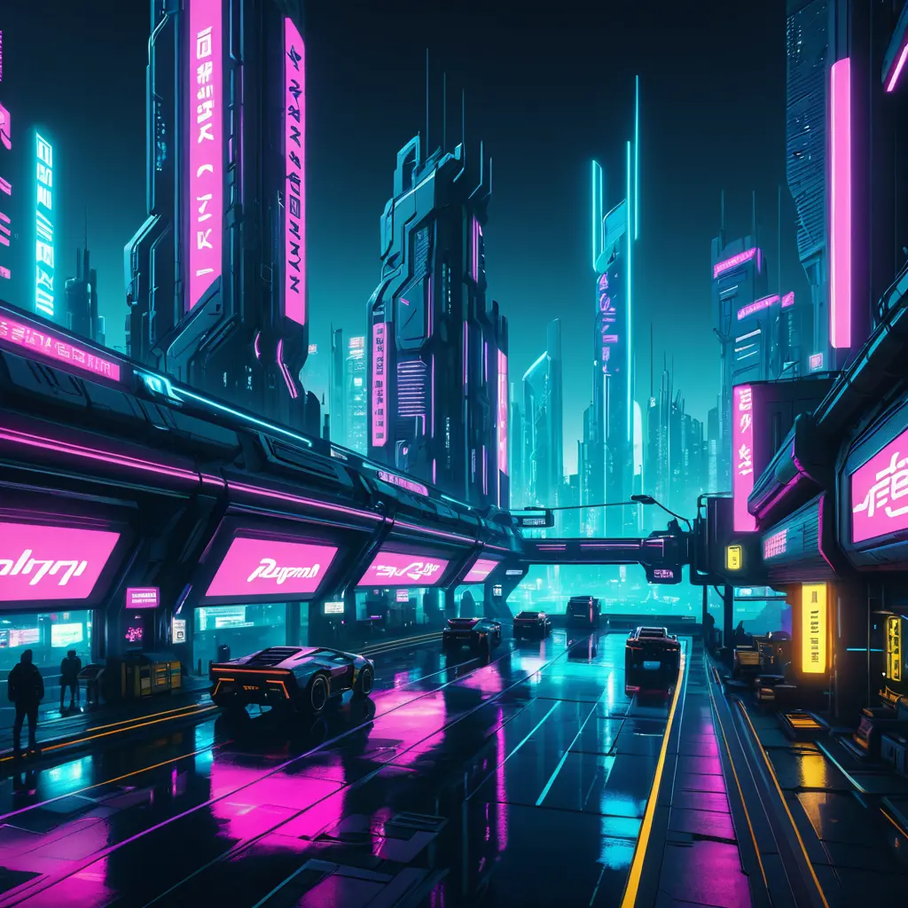 Dystopian Cyberpunk 2077 city at night, 8k, Hyper Detailed, Intricate Details, Trending on Artstation, Epic, Comic, Sharp Focus, Deviantart, Beautifully Lit by Alena Aenami